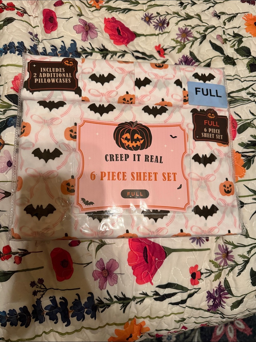 Creep It Real Halloween Full 6-Piece Sheet Set - Orange, White, Pink & Black